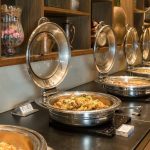 Buffet area and bar in a hotel restaurant