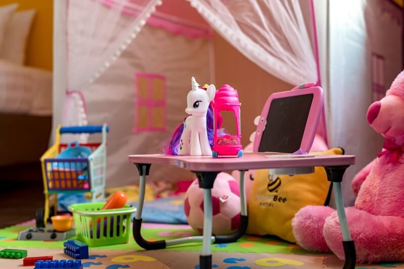 Children's play tent and toys in a family room