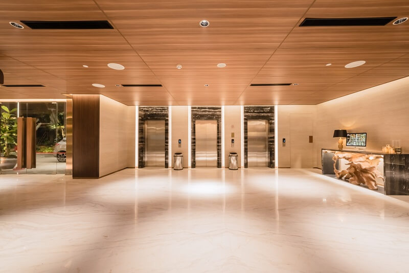 The Lobby Area of a hotel with modern seating and decor