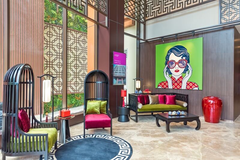 Reception desk and seating area in Mrs. Tang Lobby