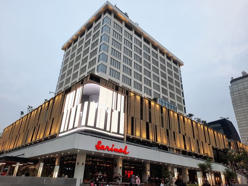 Sarinah Thamrin building facade at night