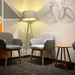 A modern and stylish hotel seating area