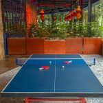 A table tennis table with two paddles and a ball