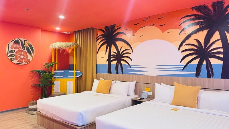 Stylish thematic hotel room with a comfortable bed