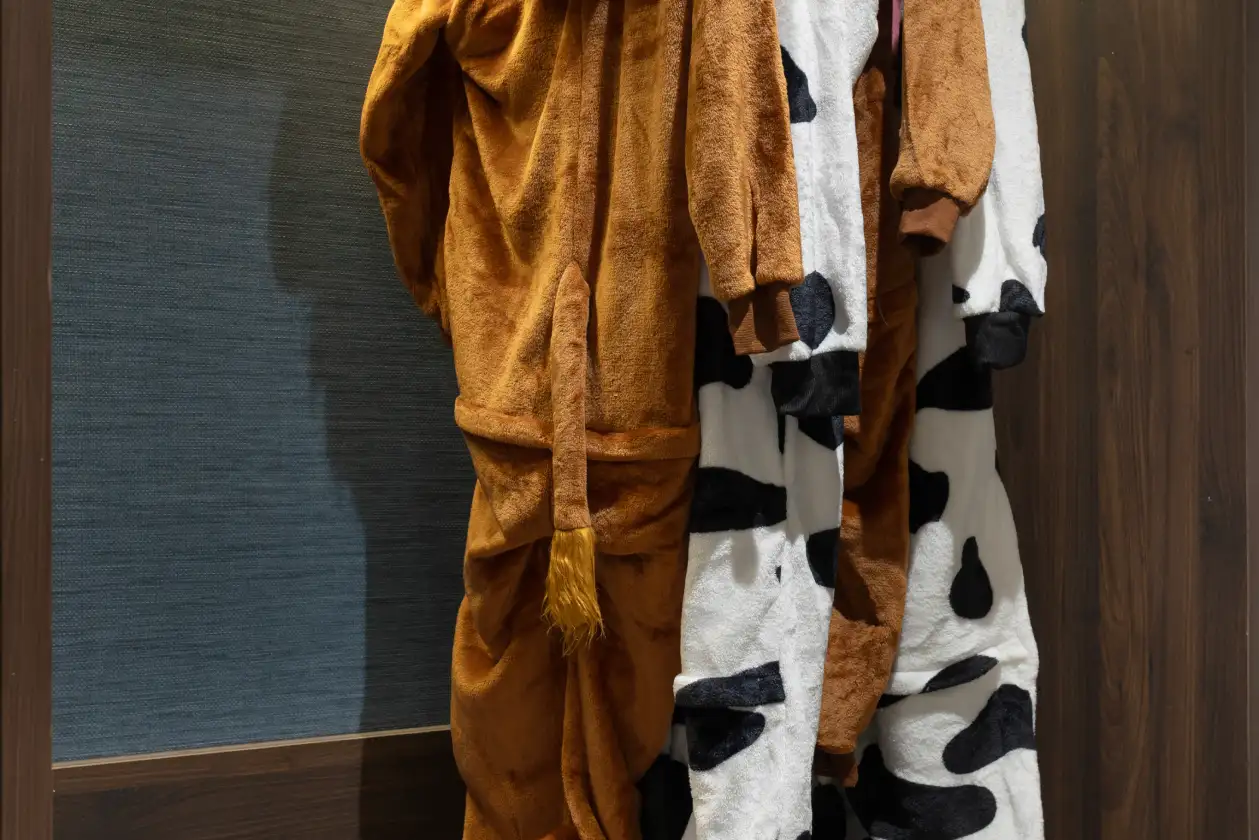 Plush animal robes hanging in newair family duplex room