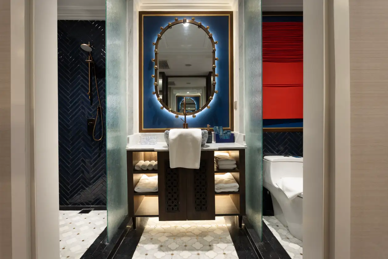 Newair family duplex bathroom vanity and shower area