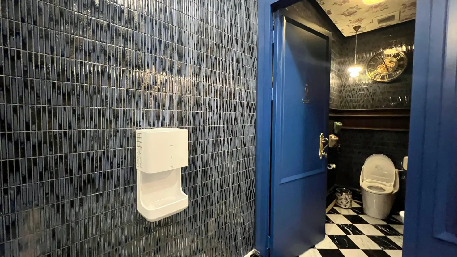 Luxurious newair facility restroom with blue door